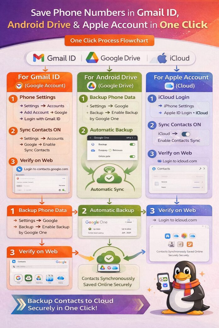 Save Phone Numbers in Gmail ID, Android Drive & Apple Account in One Click